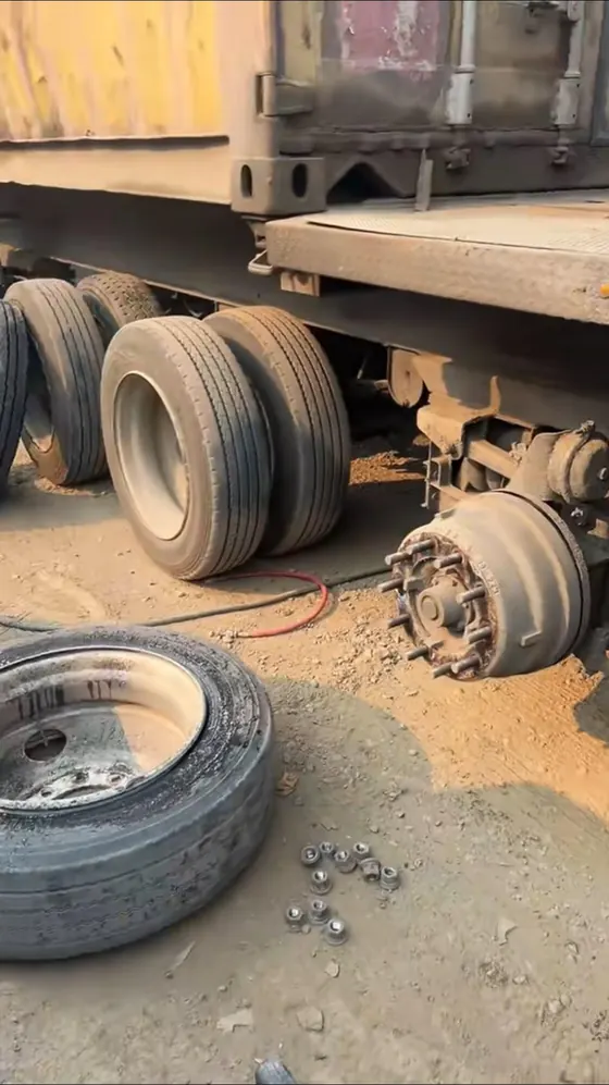 Trailer axle with the hub exposed and lug nuts on the ground during a tire change